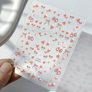 Cute strawberry nail stickers with silver glitter lines and red bows, YT5000 style