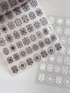 Detail view of 3D embossed mandala flower nail stickers in black and white patterns