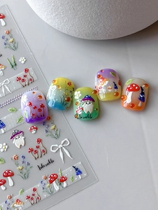 Detail of 3D embossed forest mushroom nail stickers with colorful floral and bow designs