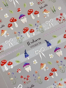 Detail of 5D embossed nail stickers featuring mushrooms, daisies, and bows model YT5303