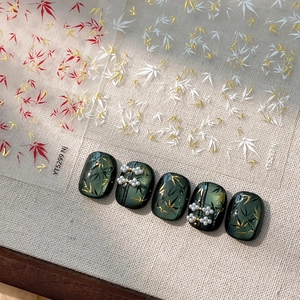 Elegant Bamboo Leaf Nail Art Stickers Chinese Style Golden White Red Leaf Pattern 3D Manicure Decoration Decals Accessory