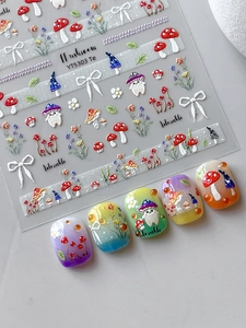 Detailed relief of mushroom and floral nail stickers with cute 3D bow designs