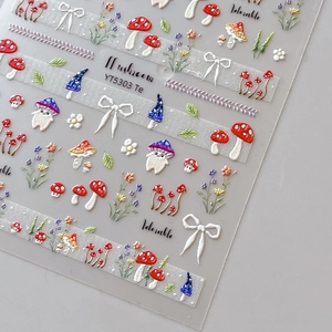 3D embossed mushroom nail stickers with cute butterfly bows and colorful floral patterns