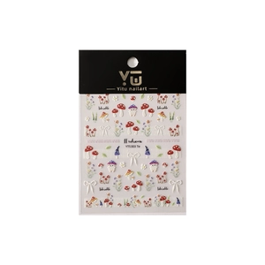 Colorful mushroom and floral nail art stickers with cute bows and shell gloss finish