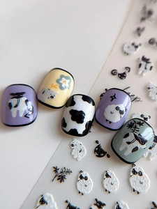 Macro d'autocollants gaufrés pour ongles motif mouton et vache de dessin animé mignon
