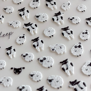 Autocollants 3D mignons pour ongles mouton avec motifs minimalistes noir et blanc en relief