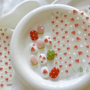 Autocollants nail art en relief avec motifs de pastèques et fleurs au style cartoon