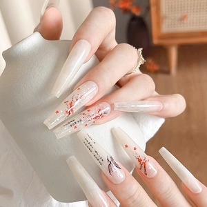 New Chinese style long trapezoid press-on nails with red plum blossoms and butterfly motifs