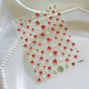 Détail de stickers 3D pour ongles autocollants avec motifs mignons de pastèque et de fleurs