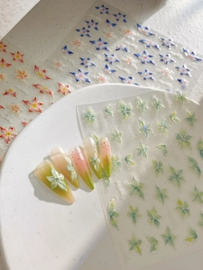 Détail macro de stickers ongles 3D en relief avec fleurs dégradées et effet scintillant