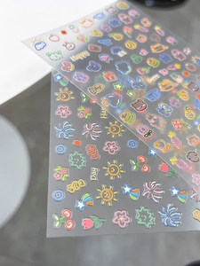 Detailed macro of 3D cartoon nail stickers with bear, rabbit and fruit patterns