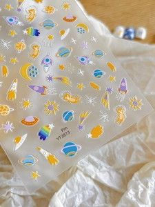 Detail shot of YT3873 space-themed nail stickers with astronaut cats and planet patterns