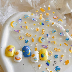 Cartoon Space Astronaut Cat Nail Stickers Rocket Planet Moon Star Transparent PVC Self Adhesive Manicure Decoration For Women Kids