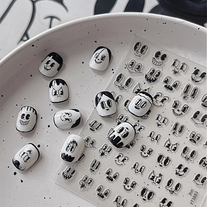Retro Black White Cartoon Expression Nail Art Stickers Rubber Hose Style Funny Facial Decals Adhesive Nail Decoration For Women