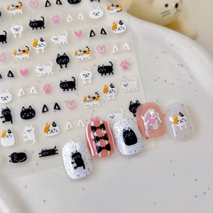 Autocollants à Ongles Chat de Dessin Animé Mignon Cœur Patte Noir Blanc Rose Décalcomanies Autocollantes pour Femme Décoration Manucure