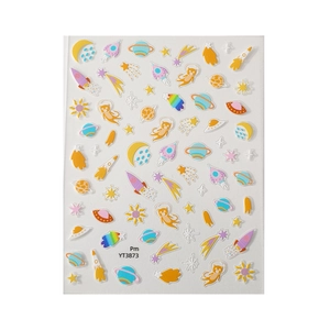 Cartoon space nail stickers with cat astronaut, planets and stars for nail decoration