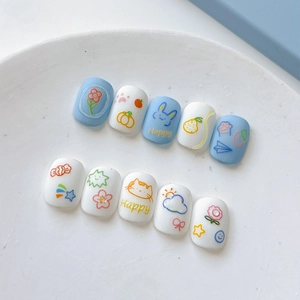Handmade sky blue and ivory matte press-on nails with 3D cartoon rabbit and floral art