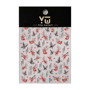 Chinese ink style nail art stickers with plum blossoms, butterflies and gold accents