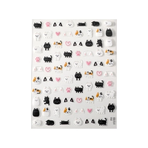Autocollants 3D pour ongles motif chat dessin animé avec pattes et cœurs noir blanc rose