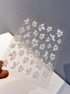 Detailed macro of 5D embossed iridescent floral nail stickers with butterfly motifs