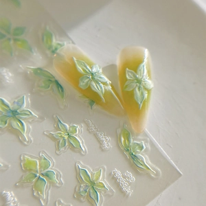Autocollants 3D pour ongles avec fleurs dégradées jaune-vert et lettrage Happy Hour