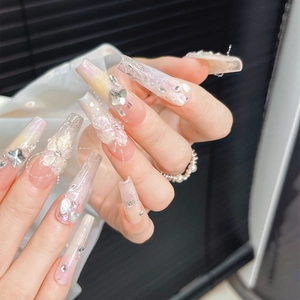 Extra long trapezoid press-on nails with 3D butterflies and floral rhinestone accents