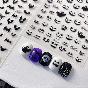 Halloween bat and pumpkin nail stickers with ghost and spider web designs for spooky manicure