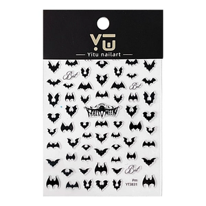 Halloween bat nail art stickers with Happy Halloween text and various black bat patterns