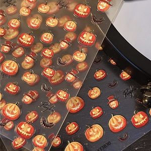 3D embossed Halloween nail stickers featuring playful Jack-o'-lanterns with hats