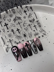 Detailed gothic nail stickers with Halloween spider web, cross and skull patterns
