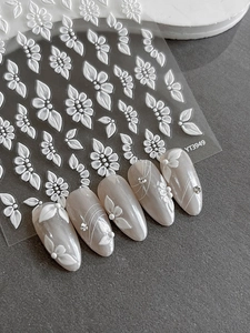 Detailed 5D embossed white flower nail art stickers with elegant floral textures