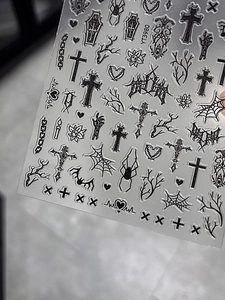 Gothic style nail stickers featuring black crosses, spiders and spiderwebs on YT3980 sheet