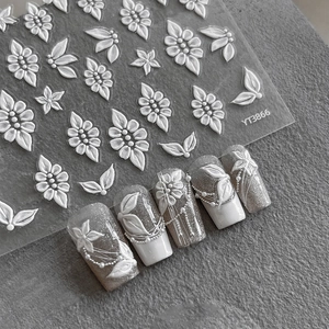 5D Embossed White Flower Nail Stickers Self Adhesive Floral Leaf Nail Art Decals For Women DIY Manicure Decoration Wedding Party Beauty Tool