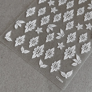 5D embossed white flower nail art stickers with leaves and floral texture YT3866