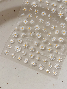 Detail of 5D embossed daisy nail art stickers showing 3D floral textures and patterns