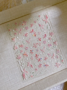 Vista macro dettagliata di adesivi per unghie 3D con fiori e farfalle in madreperla