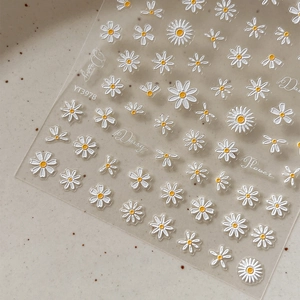 3D embossed white daisy nail art stickers with yellow centers for floral manicure DIY