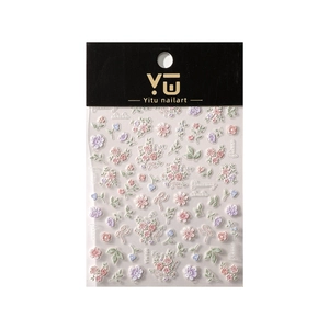 5D embossed floral nail stickers featuring pink and purple flower patterns and leaves
