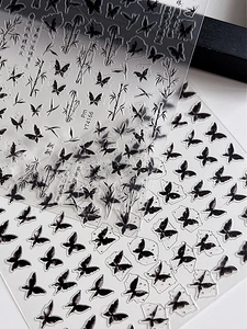 Close-up of YT4166 ink-style butterfly and bamboo nail stickers with vintage Chinese art