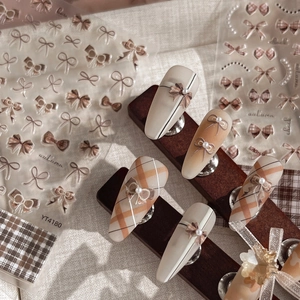 Retro Autumn Bowknot Plaid 3D Embossed Nail Art Stickers Self Adhesive Checkered Bow Decals For Women DIY Manicure Decoration