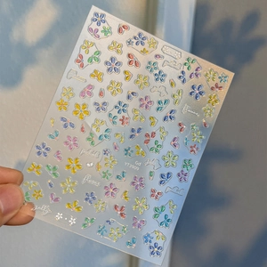 3D jelly colorful five-petal flower nail stickers with embossed texture and green leaves