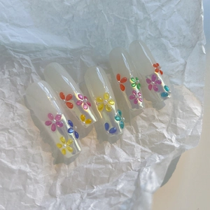 3D colorful 5-petal flower press-on nails with jelly white base and pearls