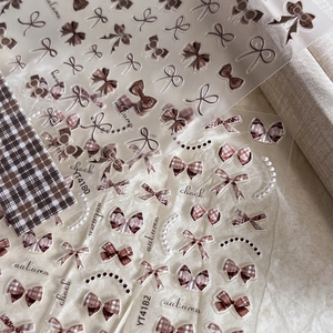 Autumn brown checkered bow nail art stickers with embossed relief patterns YT4180