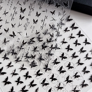 Black and white butterfly and bamboo nail art stickers with ultra-thin adhesive backing