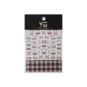 3D bow nail stickers with brown plaid texture and pearl accents in YT4182 set