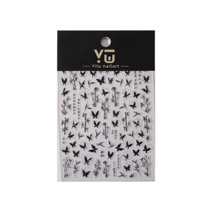 Chinese ink style nail art stickers with black butterflies, bamboo patterns, and model YT4166