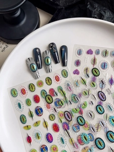 Detailed view of 3D monster eye nail stickers with vibrant iris designs and cat eye finish
