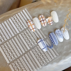5D Embossed Woolen Texture Nail Art Stickers White Knitted Pattern 3D Adhesive Nail Decals For Winter Manicure Decoration