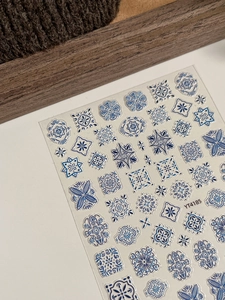 Detail of blue porcelain patterns on Bohemian embossed 3D nail art sticker YT4185