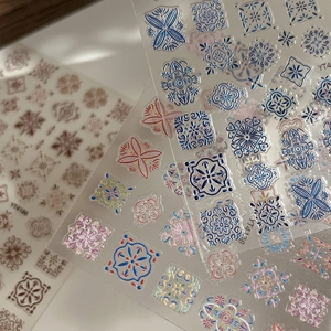 Bohemian style 3D embossed nail stickers with mandala patterns in turquoise and blue